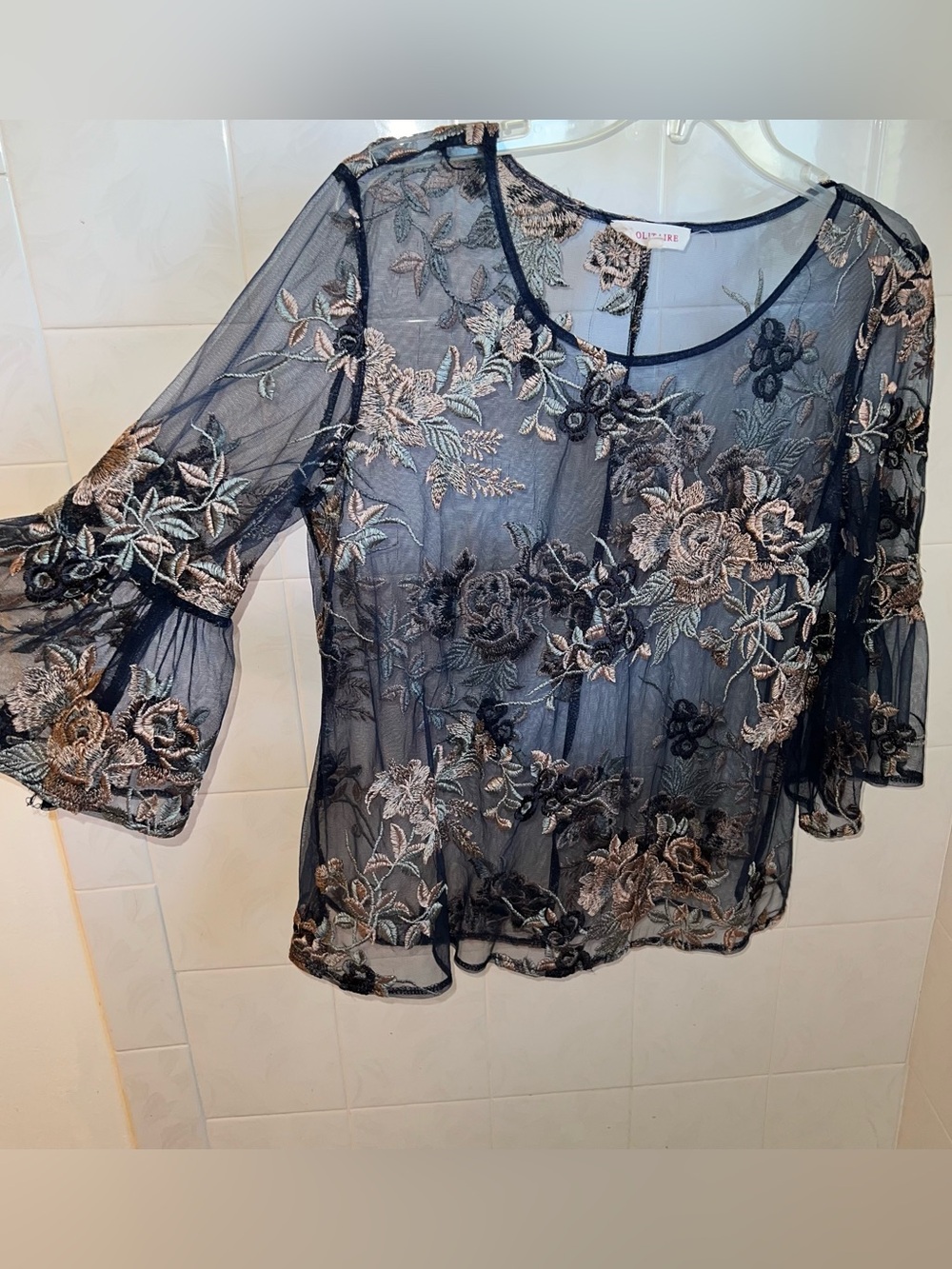 Dark Fairy Womens Med Sheer Floral Lace Babydoll Top Whimsigoth Boho Bell Sleeve